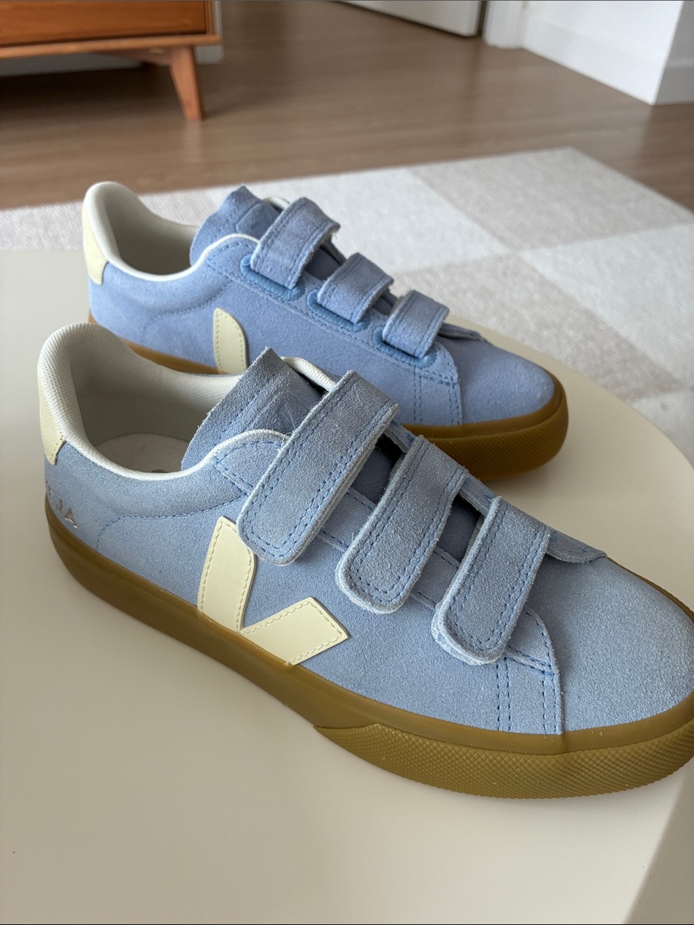 Veja Pale Blue Suede Velcro Sneakers with Cream V